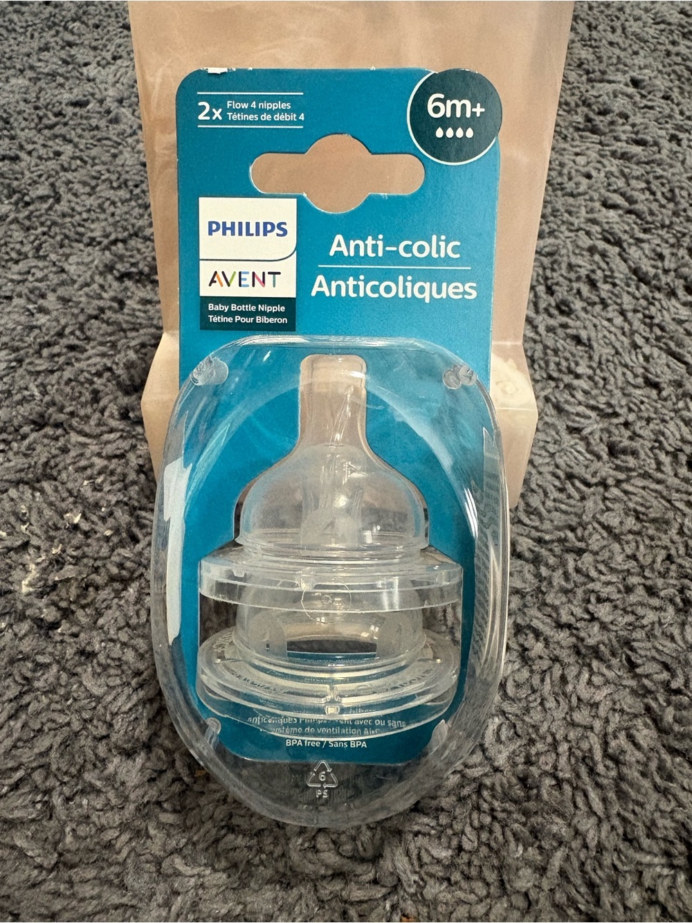 NWT Philips Avent Anti-Colic Nipple - Flow 4 Nipples - 6+ months